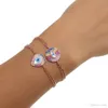 Wholesale- fashion jewelry pave multi color cz rainbow stone mother of pearl evil eye charm double chain rose gold bracelet for girl