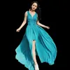 Hot Sale Blue Evening Dresses Lace V Neck Sleeveless Elegant Prom Dresses Chiffon Sweep Train Front Split Charming Women Party Gowns