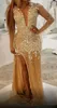 Luxury Beading Split Evening Dresses Arabic Gold Rhinestone Long Sleeve Sheer V neck Mermaid Prom Gowns Crystal Aso Ebi 2019 Pageant Dress