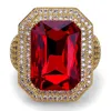 Hip Hop Micro Pave CZ Iced Out Bling Geometric Ring Yellow Gold Plated Big Red CZ Rings for Men Jewelry