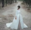 Vestidos de casamento do país com destacável Skrit Jewel Neck A Linha de mangas compridas de cetim branco Champagne vestidos de noiva Vestido De Noiv