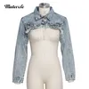 Mutevole femmes décontracté Extra court Denim veste automne à manches longues gland veste bouton col rabattu Sexy culture jean