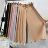 Zomer herfst koreaanse vrouwen wijde been broek losse ruches chiffon geplooide broeken vrouwelijke casual elastische hoge taille negen broek 1892