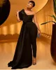 Black Jumpsuit Prom Dress With Appliques Sequins One Shoulder Overskirts African Evening Dresses With Pant Suits Plus Size Party Gowns