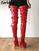 女性ビッグサイズヒールのためのカスタムワイドカーフブーツとヒールを持つSORBERN RED 80 CMの股間の股間の袖口