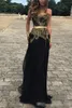 Zarif Straplez Altın Dantel Aplike Gelinlik Modelleri Siyah Şifon Kat Uzunluk Şerit Artı Boyutu 2019 Custom Made Örgün Akşam Giymek