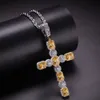 Real Gold Plated Iced Out Färgglada CZ Cubic Zirconia Cross Pendant Chain Halsband Designer Luxury Full Diamond Hip Hop Rapper Smycken Gåvor
