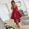 Kırmızı Yüksek Düşük Gelinlik Modelleri 2019 Seksi Spagetti Dantel Ve Saten Abiye giyim Ruffles Ucuz Kokteyl Parti Elbise