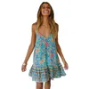 Nuevo vestido floral del vintage mini vestido boho elegante sin espalda con cuello en v vestidos de la correa ropa de verano fiesta en la playa vestido de las mujeres