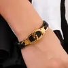 Envío gratis Regalos de Navidad Joyería de moda Cuero negro 316L Acero inoxidable Plata / ORO Forma de esposas ID Pulsera para hombre brazalete