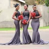 Afrikaanse Nigeriaanse zeemeermin Grijs Bruidsmeisjes Jurken Lange Beaded Applicaties Satijn Prom Dress Bruiloft Toga
