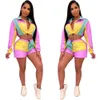 Multicolour Block Patchwork Tracksuit Elegante Manga Longa Zíper Acima Trench de Manga Longa E Shorts Set Night Club Women Outfits