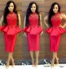 South Africa Red Short Prom Dresses With Peplum High Neck Sheer Long Sleeve Applique Evening Gown Plus Size Knee Length Formal Cocktail Wear