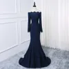 Navy Blue Mermaid Formal Dresses With Off The Shoulder Long Sleeve 2019 Lace Two Layers Skirt Prom Dresses Evening Dress Special Occasion