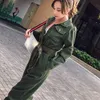 Women Vintage Workwear Slim Jeans Jumpsuit High Weist Street Wear Belt Romper Army Green Denim Suit Suit A9209