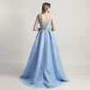 2019 Free Shipping celebrity In Stock Ball Gown V Neck Evening Dress Sleeveless Style Beaded Blue Prom Dress vestido formatura party dress