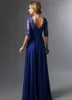 Royal Blue Długie Kobiety Matka panny Młodej Dresy Dress z Rękawami V Neck Szyfonowe Aplikacje Zroszony Backless Elegancki Wieczór Suknie Formalne