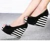 Hot Sale-Sweet navy stripes white wedge shoes peep toe platform wedges black patent leather shoes 2 colors size 35 to 39