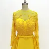 Yellow Hand Made Flowers Pearls Evening Formal Dresses Long Sleeves Applique Lace Ribbon With Bow A-line Empire Waist Prom Dress Mom Dress