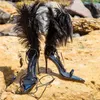 Sexy Black Feather Sandały Dla Kobiet Struś Włosy Dekoracje Cienkie Wysokie Obcasy Buty Dance Damskie Futro Sandały Party Zapatos de Mujer CX200611