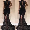 Seksi Siyah Kolsuz Denizkızı Balo Parti Elbiseleri 2022 Yüksek Boyun Bölünmüş Yan Yüksek Abiye giyim Tam Dantel Ünlü Elbisesi See Through