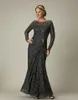 Gray Lace Mother of the Bride Groom Formal Gown Evening Dresses Sheath Scoop Beads Crystal Long Sleeves Sheer Neckline