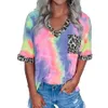 Leopard Tie Dye Shirt Women Casual Summer Colorful Patchwork V Neck Short Sleeve Pocket Girls Tops Tees LJJO79504363989