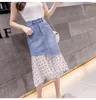 Nouveau design femmes taille haute denim jeans patché gaze pointillé pinte jolie jupe plus la taille asymétrique irrégulière midi longue jupe SMLXL2XL