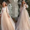 Champagne Elegant Tulle A-Line Bröllopsklänningar 2020 Lantern Sleeves Lace Applique Bohomia Bröllop Bröllopklänningar Vestido de Novia BM1629