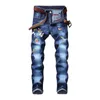 Jeans masculinos estilo Mens Floral Bordado Comprimento Completo Denim Calças de Runway Moda Lavada Calças elásticas