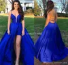 Seksi yeni ucuz basit kraliyet mavisi balo elbiseleri spagetti kayışları v yaka a-line yüksek yan bölünmüş resmi akşam parti elbiseleri ogstuff özel