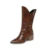 Boots Women Leature Leather White Mid-Calf Square High High High Hight Ase Juchnaling Western Riding 6261-1316R