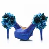 美しいウェディングドレスシューズロイヤルブルーカラーラインストーンパーティープロムハイヒールの靴手作りの女性の記念党ポンプのプラスサイズ
