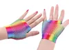 Guantes sin dedos de rejilla de arcoíris, guantes sexis coloridos brillantes de sirena de medio dedo, guantes de rejilla para novia/fiesta/club nocturno