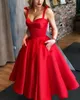 Spaghetti remmar älskling satin boll klänningar röda hemkommande klänningar te längd special tillfälle klänningar ankelängd fickfisk b9698783