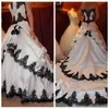 A Custom Made line Dresses White Satin Black Applique Tiered Skirt Sweep Train Lace Up Back Wedding Bridal Gowns pplique