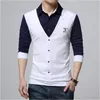 Höst Mode Patch Design Mens Shirt T-shirt Fake Två Långärmad Turn-Down Collar Bomull T-shirt för män 5xl
