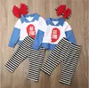 Baby Girl Roupas Gêmeos Irmã Roupas Conjuntos Kids Christmas Santa T-Shirt Calças Ternos de Manga Longa Tops Listrado Calças HeadBand Outfits B6280