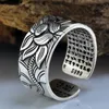 100% REAL 999 Pure Silver Jewelry Lotus Flower Open Ring For Men Man Fashion Free Size Buddhistic Heart Sutra Rings Gifts