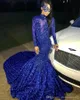 Royal Blue Black Girls Mermaid Lange Prom Jurken Lange Mouwen 3D Floral Rok Kant Applique Beaded Formele Jurk Party Avondjurken