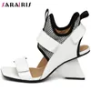 Sarairis Ny Kvinna Äkta Läder Solid Mode Sommar Sandaler Kvinnor 2020 Open Toe Hook Loop Stange Style Skor Kvinna