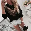 Pullover da donna Casual Glitter Lepoard Patchwork Camicie da donna Manica lunga T-shirt nere Pull Femme Pullover allentato Top Plus Size