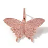 14K Iced Out Pink Butterfly Hänge Halsband Bling Bling Micro Pave Cubic Zirkon Hängande Julfest Smycken