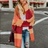 2019 الشتاء المرأة طويلة الأكمام سترة الإناث مخطط محبوك بالأزرار اللون البرتقالي معطف دافئ