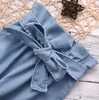 Ropa para niños Niñas bebés Punto Vaquero Conjuntos de ropa de cintura alta Chaleco de verano Bowknot Pantalones Diadema Traje Niño Top Ruffle Trouser Hairband BYP549