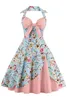 Barato Audrey Hepburn 1950 Rockabilly Vestidos casuales Halter Vestido de fiesta Estampado vintage Flores Longitud de la rodilla delgada Vestidos de fiesta para mujeres FS286a