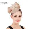 Gorgeous champagne female hats fascinators with floral nice millinery women event wedding bow fascinator headbands accessories