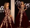 Burgundy Velvet Evening Formal Dresses with Half Sleeve 2020 Luxury Lace Applique V-neck Kaftan Caftan Arabic Occasion Prom Dress
