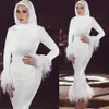 White Muslim Mermaid Prom Dresses High Neck Long Sleeve Feather Satin Ankle Length Evening Gowns Plus Size Cooktail Party Dress