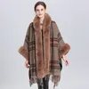 New Autumn Winter Women's Loose Hooded Plaid Poncho Faux Fur Collar Cuff Cardigan Shawl Cape Tassels Cloak Outwear Coat C4964